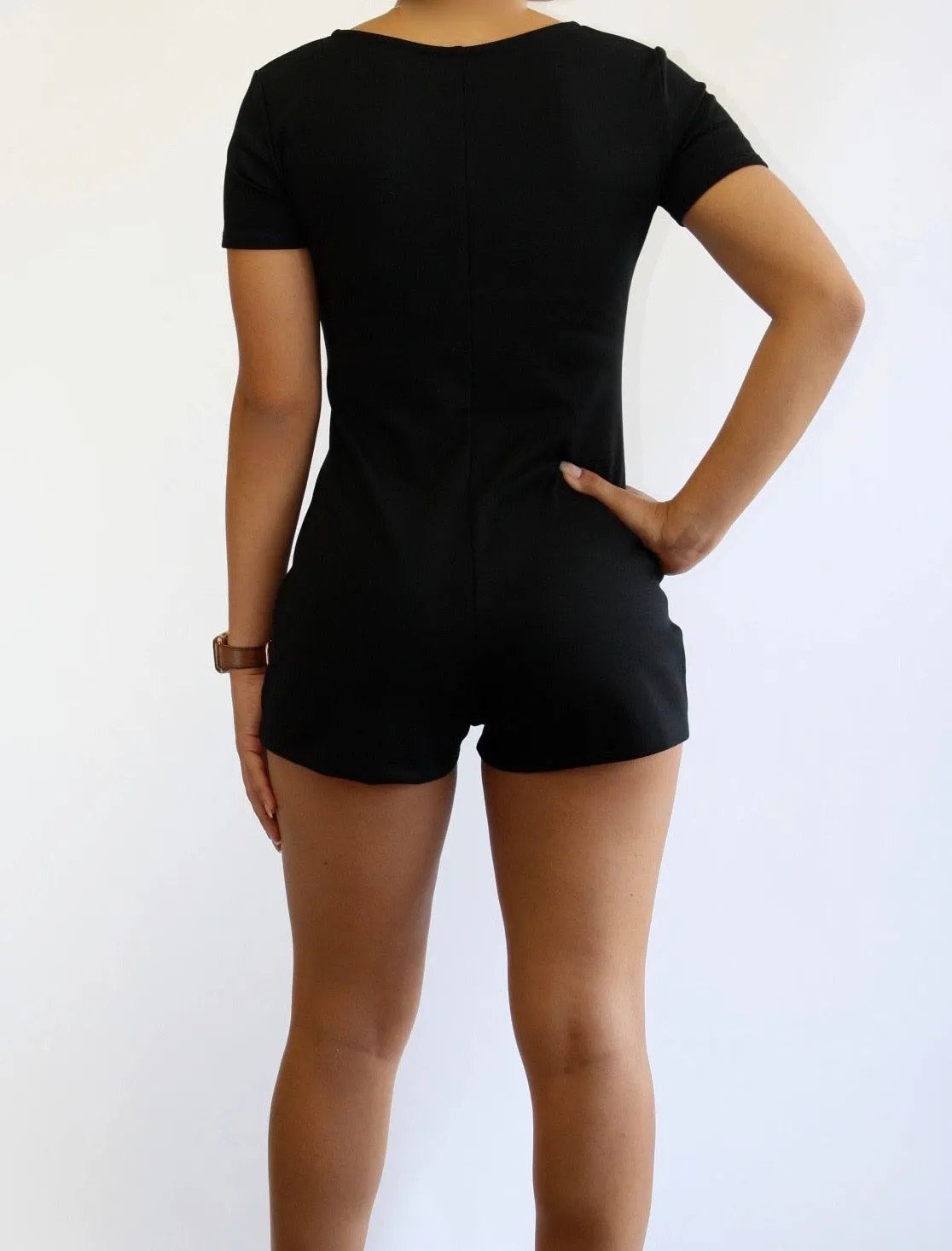 Romper with Front  Zipper and Patch Pocket.