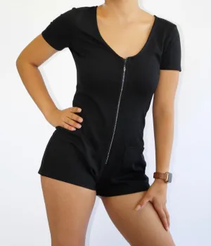 Romper with Front  Zipper and Patch Pocket.
