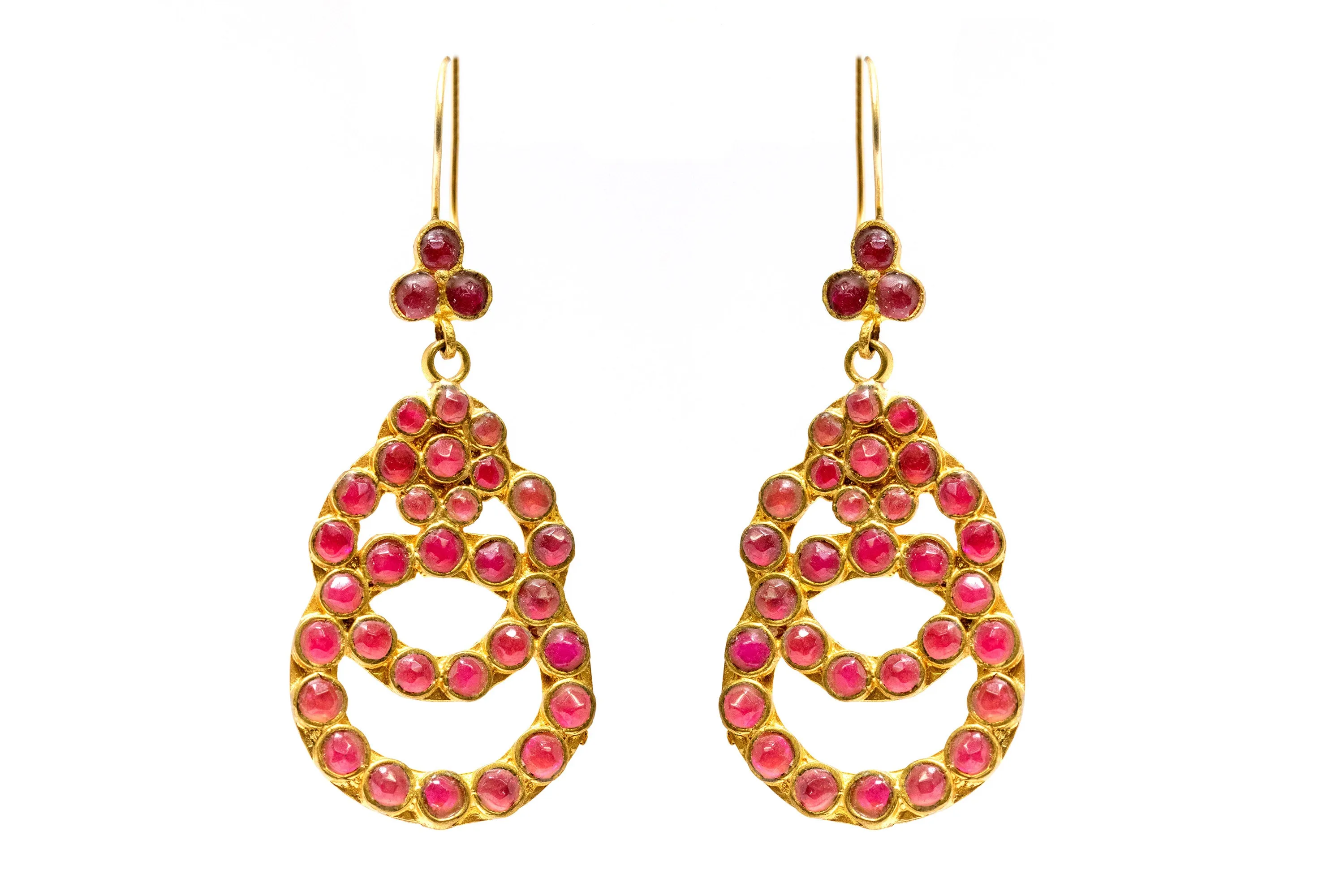 Rub Red Stones Set In Turkish Silver - Gold Dangle Earrings
