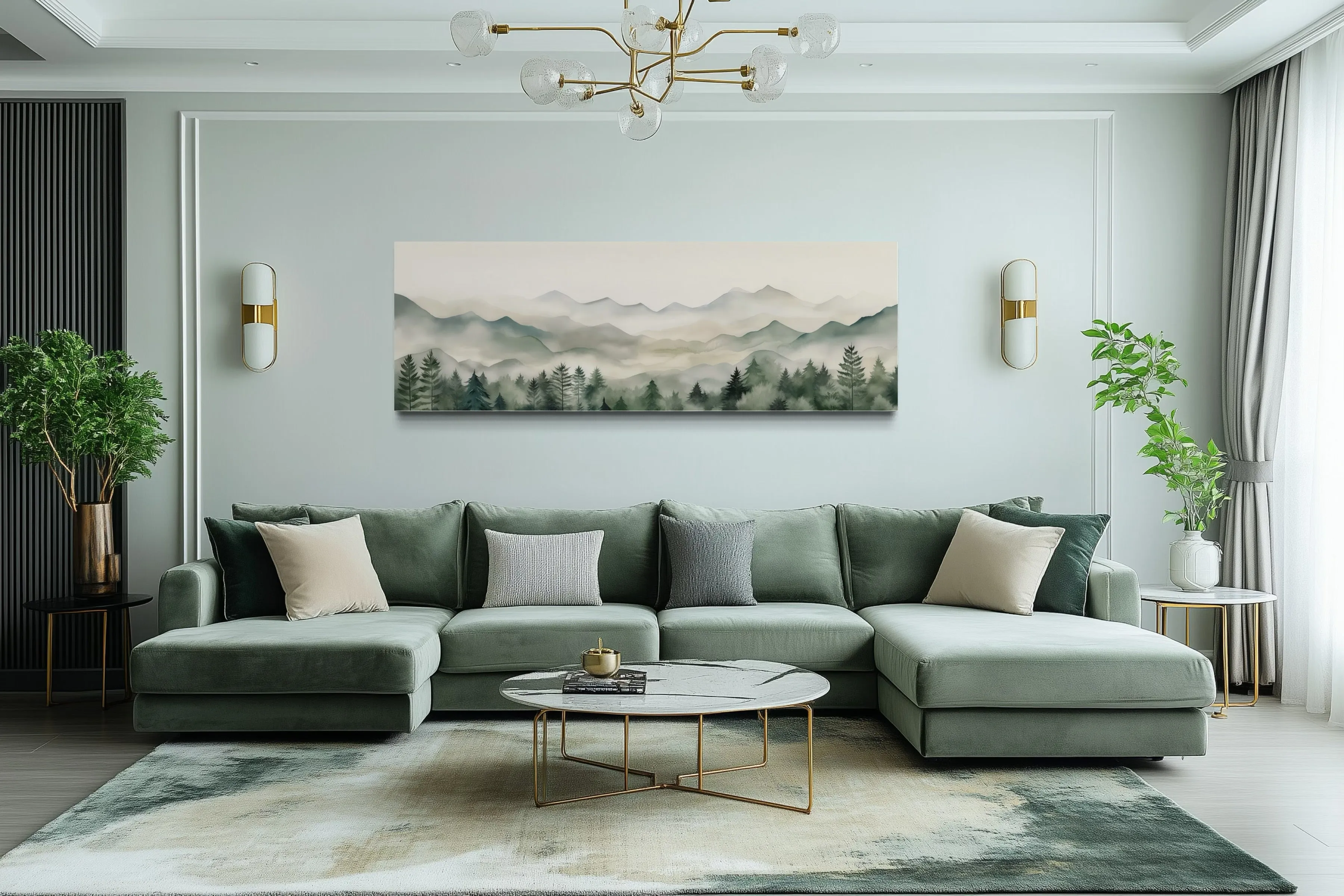 Sage Green Mountains Long Horizontal Canvas Wall Art Above Bed Or Couch