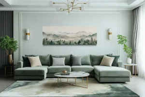 Sage Green Mountains Long Horizontal Canvas Wall Art Above Bed Or Couch