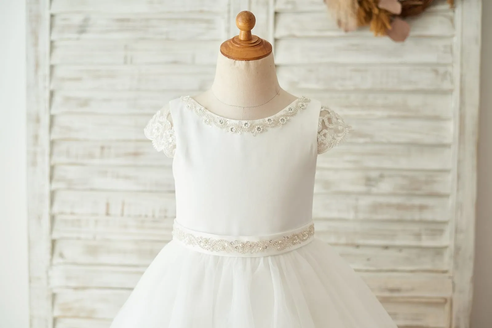 Satin Tulle Beaded Lace Cap Sleeves Sheer Back Wedding Flower Girl Dress