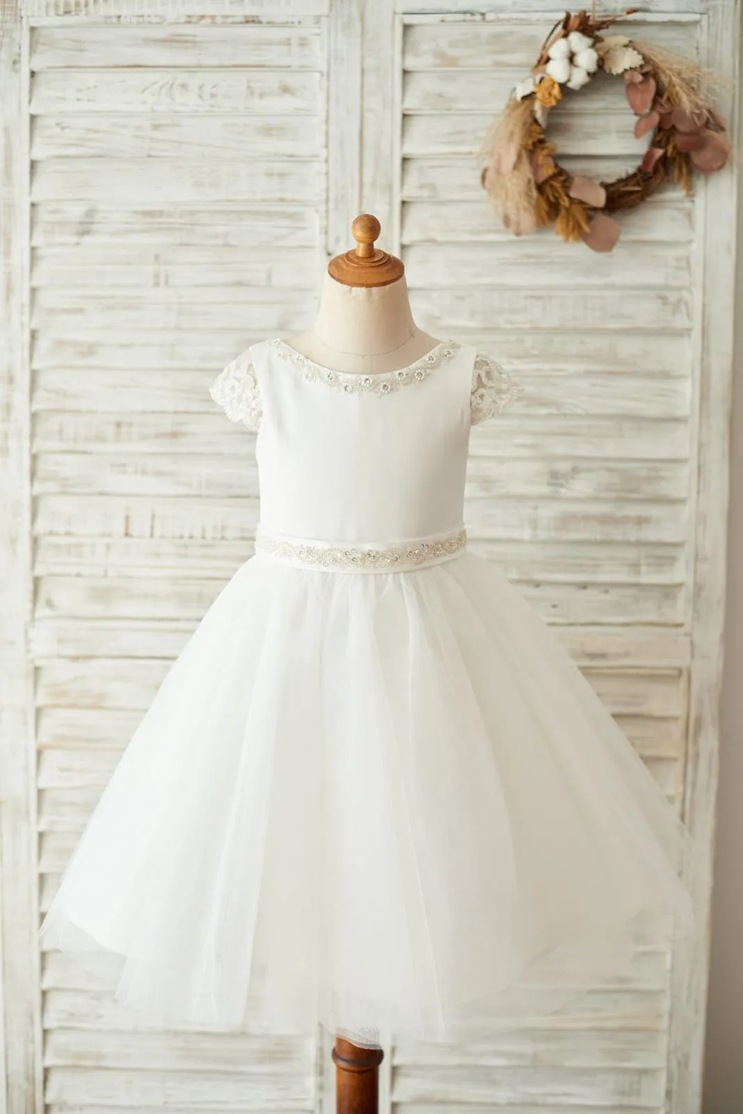 Satin Tulle Beaded Lace Cap Sleeves Sheer Back Wedding Flower Girl Dress