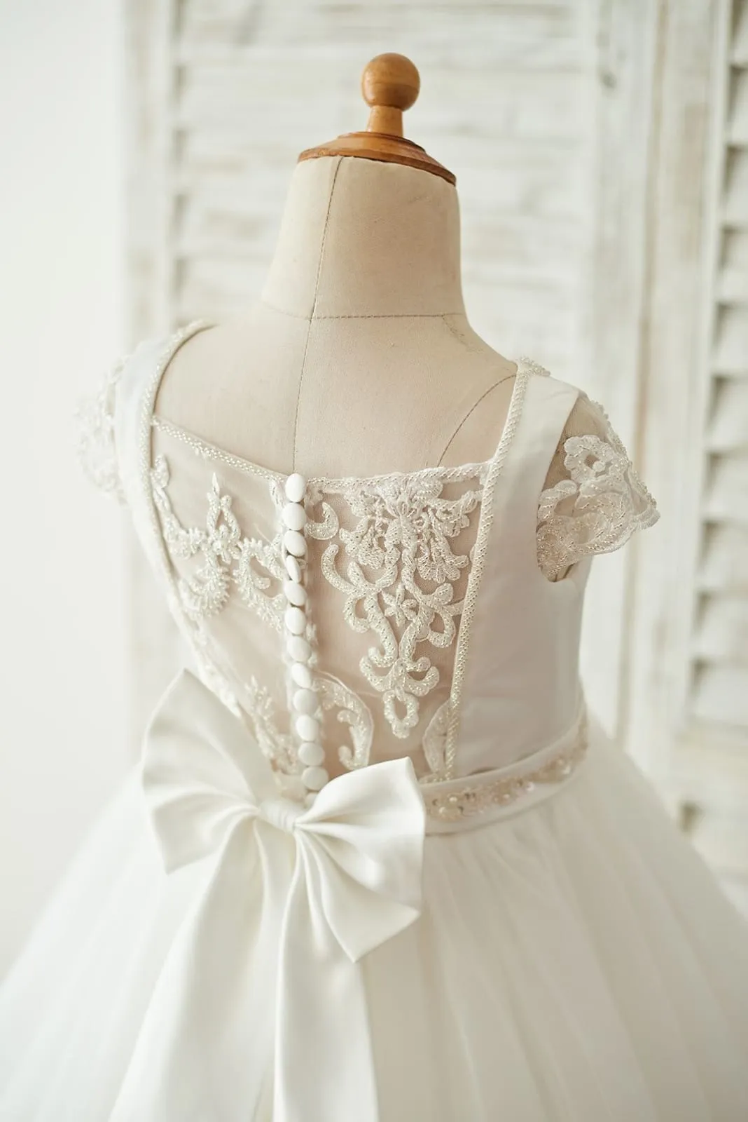 Satin Tulle Beaded Lace Cap Sleeves Sheer Back Wedding Flower Girl Dress