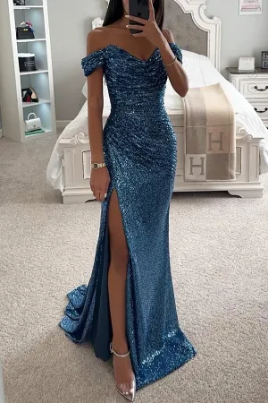 Sequin Off Shoulder Ruched Slit Evening Maxi Dress