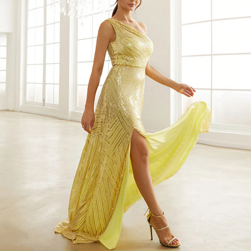 Sequins Oblique Shoulder Sleeveless High Slit Mermaid Evening Dress