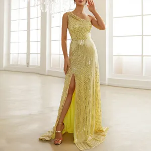 Sequins Oblique Shoulder Sleeveless High Slit Mermaid Evening Dress