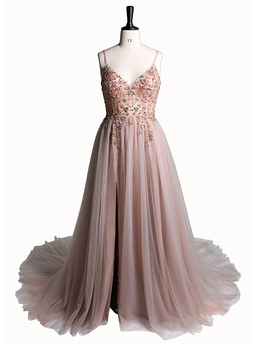 Sexy Party Dress Beaded Spaghetti Strap Backless Tulle Maxi Dress 60cm Train