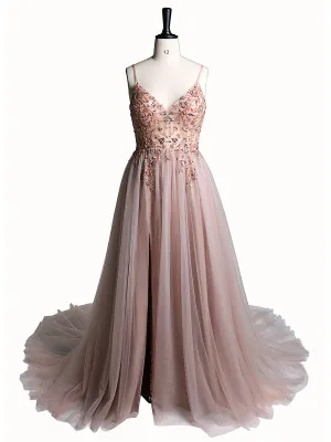 Sexy Party Dress Beaded Spaghetti Strap Backless Tulle Maxi Dress 60cm Train
