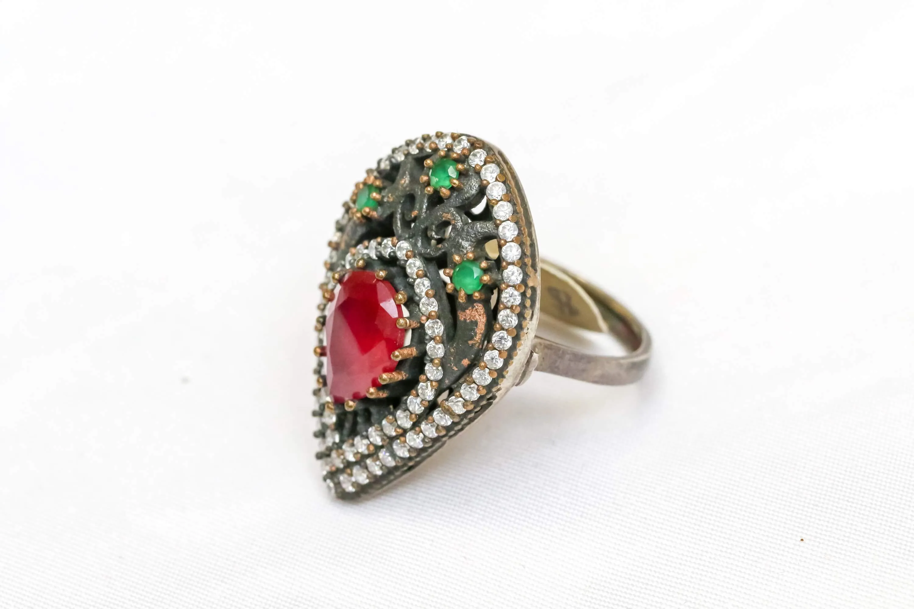 Silver and Copper Ring with Large Red Center Stone