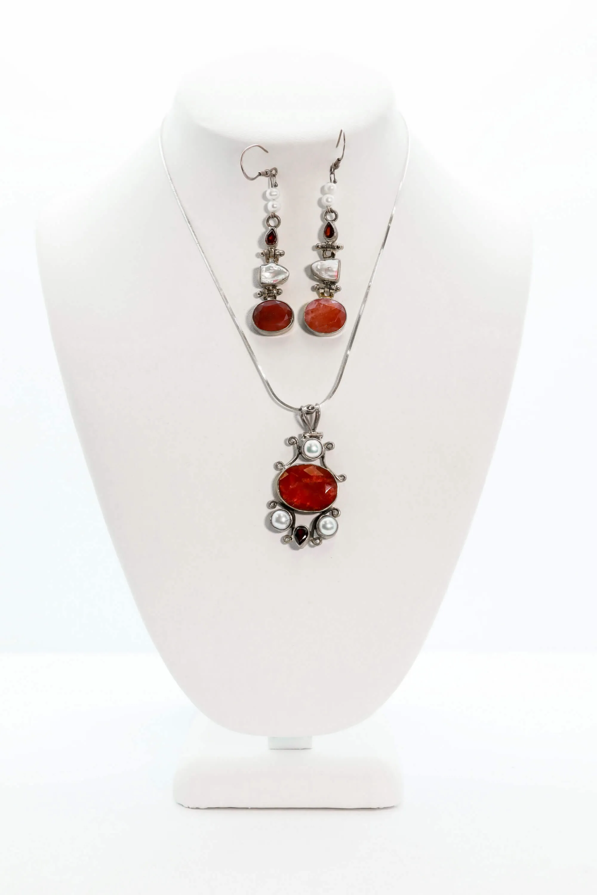 Silver Necklace and Earring Set with Red Stones