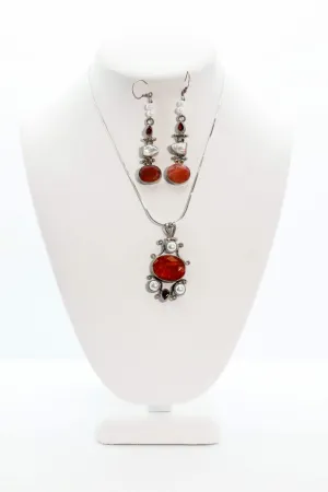 Silver Necklace and Earring Set with Red Stones