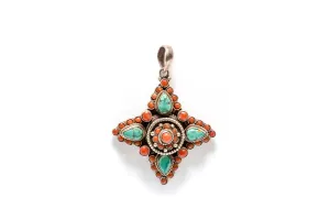 Silver Pendant with Turquoise and Orange Stones