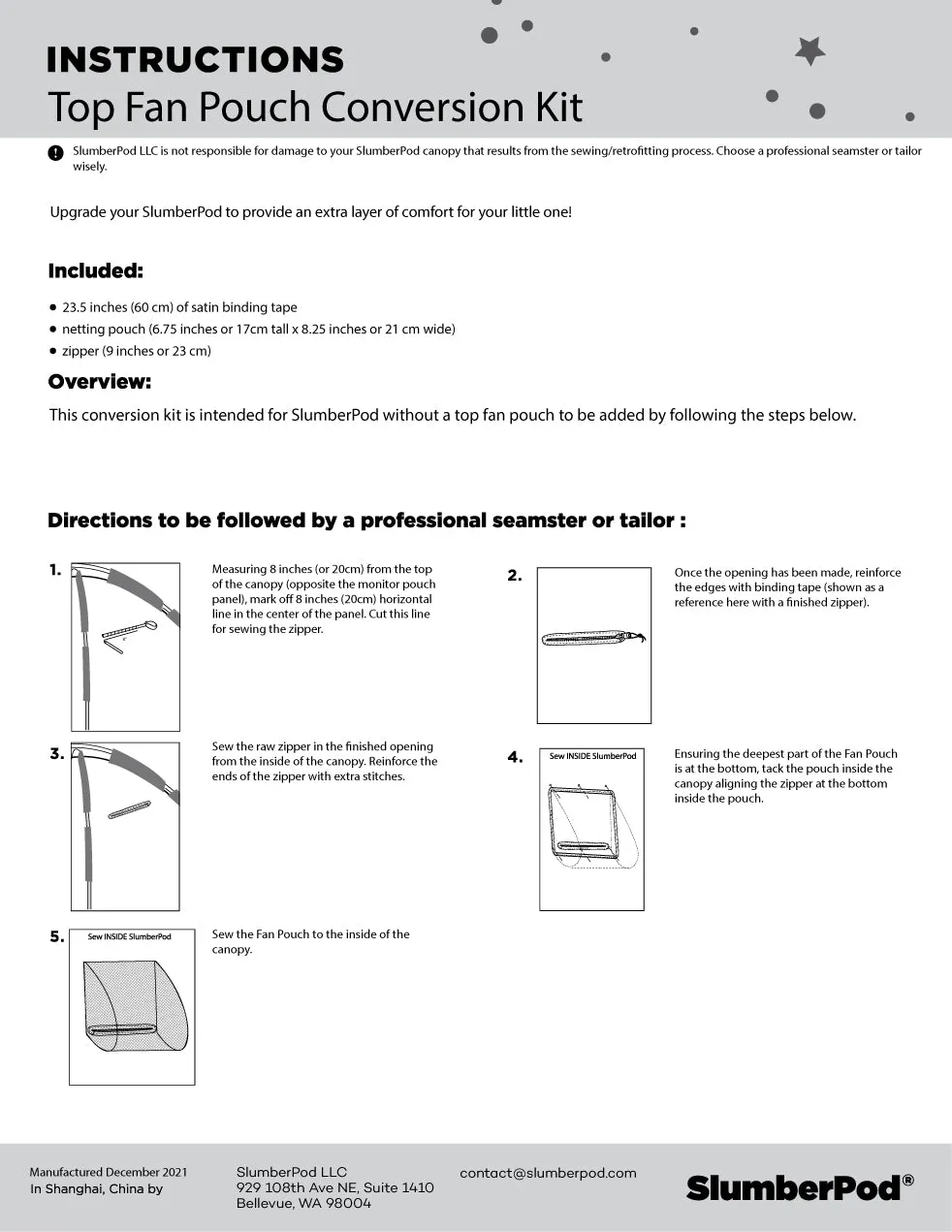 SlumberPod TOP Fan Pouch Kit 1.0-2.0 Compatible (Professional Tailor Required)