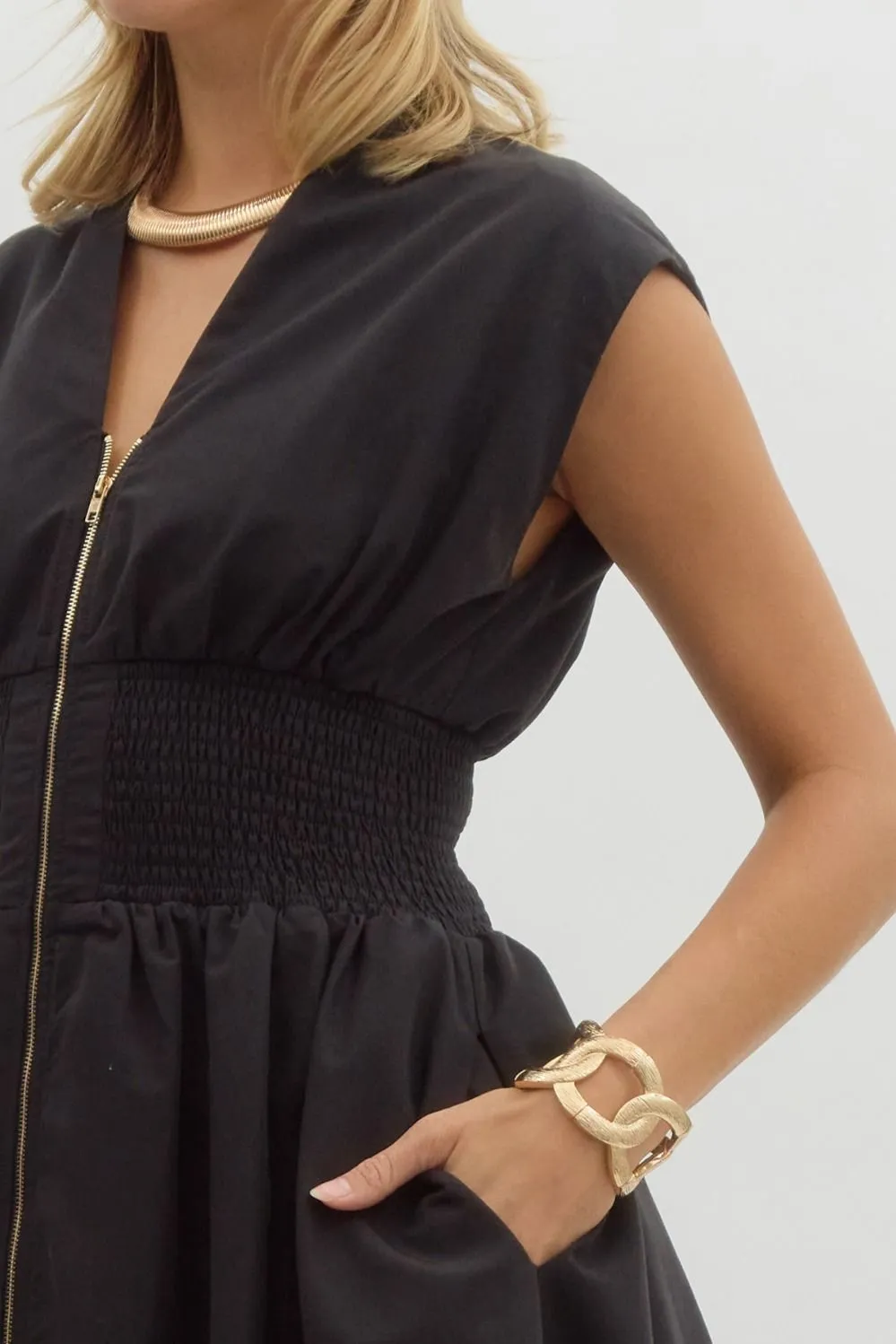 Smock Zipped Midi Dress {Black}