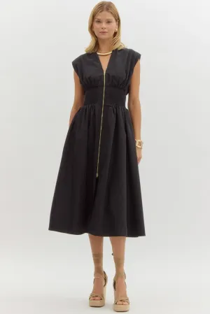 Smock Zipped Midi Dress {Black}