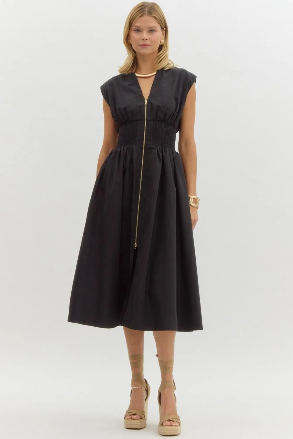 Smock Zipped Midi Dress {Black}
