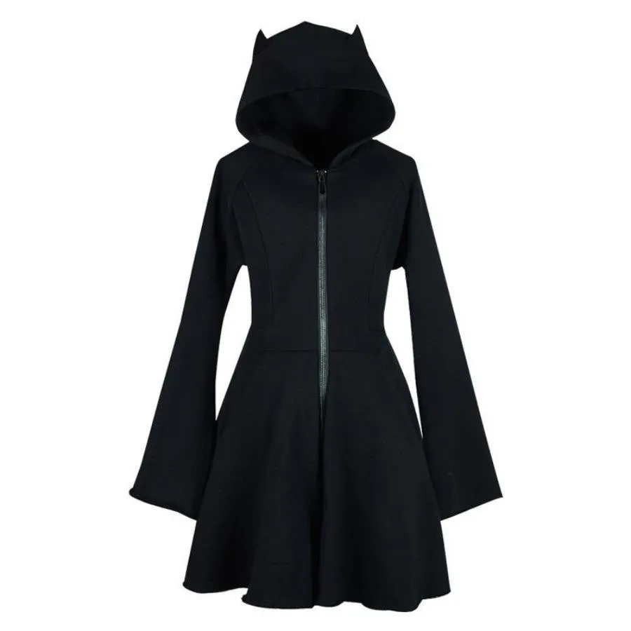 Solid GIRL POWER Character Devil Horns Zipper Hooded A-Line Dress