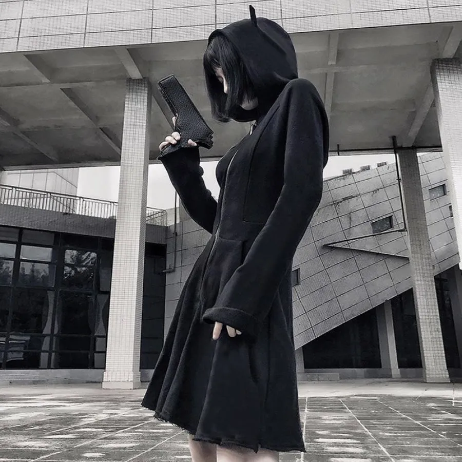 Solid GIRL POWER Character Devil Horns Zipper Hooded A-Line Dress