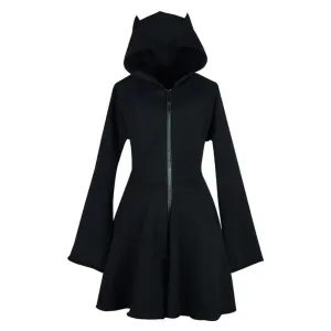 Solid GIRL POWER Character Devil Horns Zipper Hooded A-Line Dress