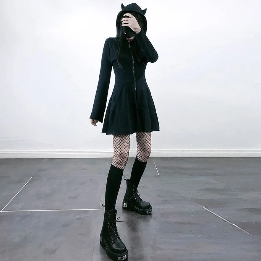 Solid GIRL POWER Character Devil Horns Zipper Hooded A-Line Dress