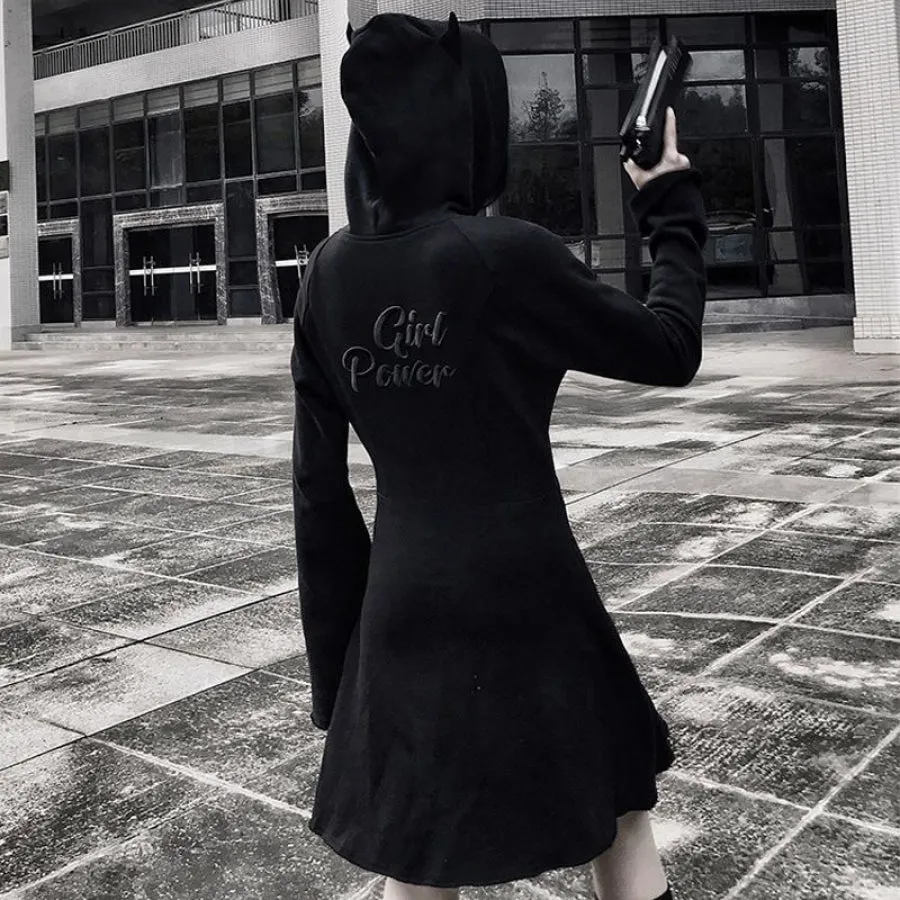 Solid GIRL POWER Character Devil Horns Zipper Hooded A-Line Dress
