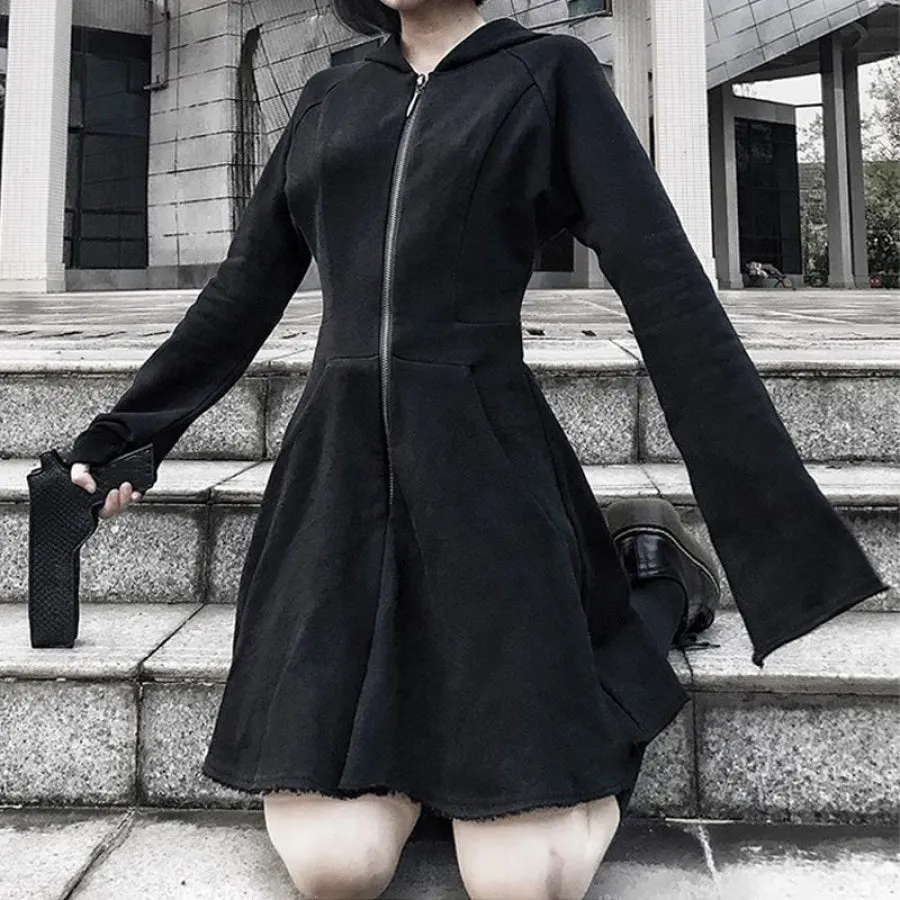 Solid GIRL POWER Character Devil Horns Zipper Hooded A-Line Dress