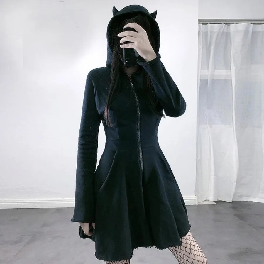 Solid GIRL POWER Character Devil Horns Zipper Hooded A-Line Dress