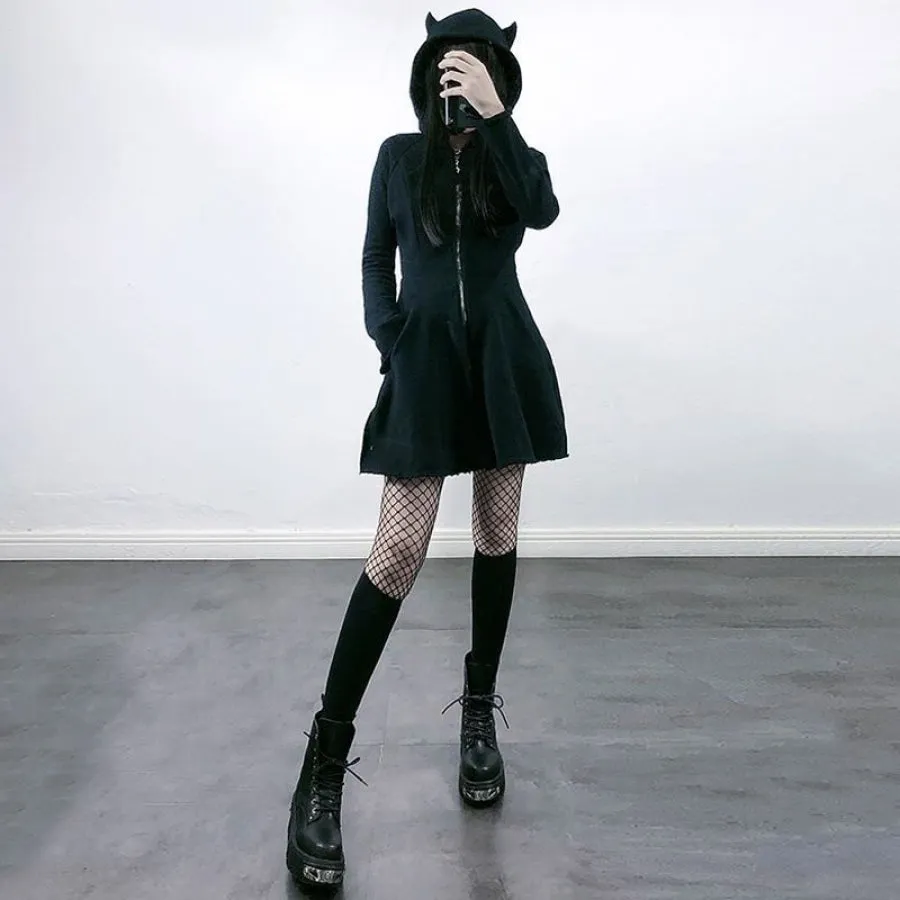 Solid GIRL POWER Character Devil Horns Zipper Hooded A-Line Dress