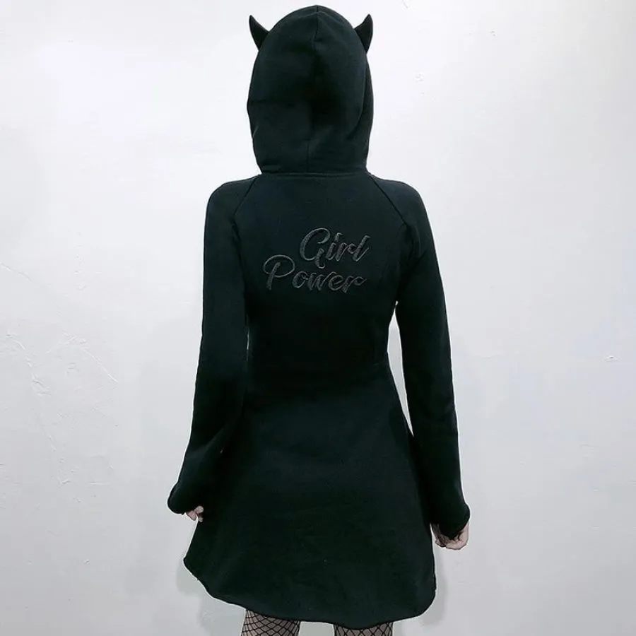 Solid GIRL POWER Character Devil Horns Zipper Hooded A-Line Dress