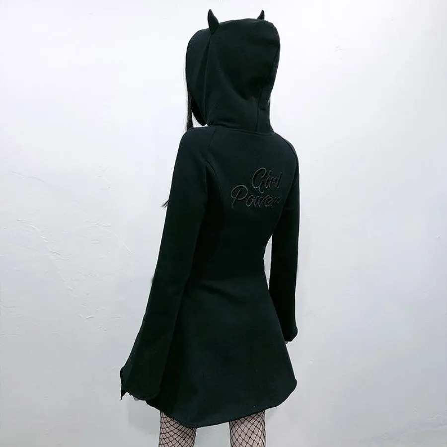 Solid GIRL POWER Character Devil Horns Zipper Hooded A-Line Dress