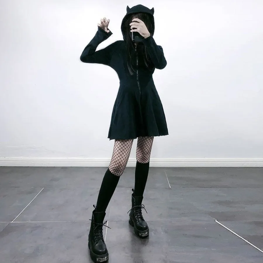 Solid GIRL POWER Character Devil Horns Zipper Hooded A-Line Dress