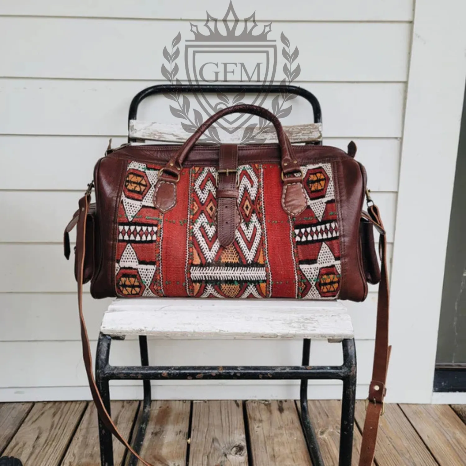 Spacious Handmade Moroccan Leather Kilim Travel Bag – Large Weekender
