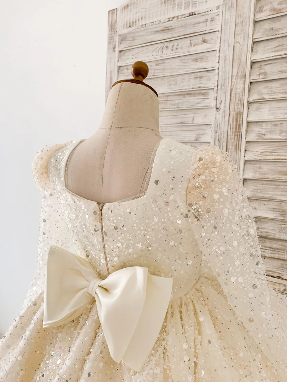 Square Neck Long Sleeves Crystal Beaded Wedding Flower Girl Dress, Horsehair Hem