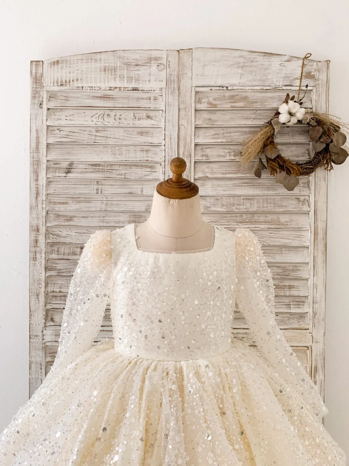 Square Neck Long Sleeves Crystal Beaded Wedding Flower Girl Dress, Horsehair Hem