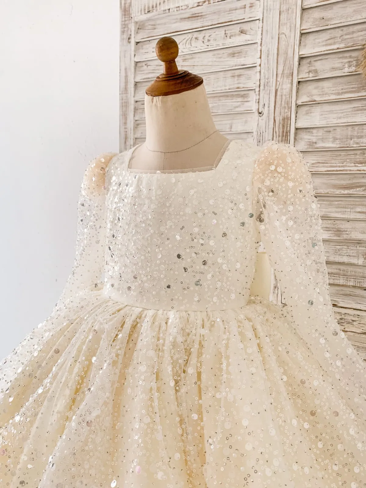 Square Neck Long Sleeves Crystal Beaded Wedding Flower Girl Dress, Horsehair Hem