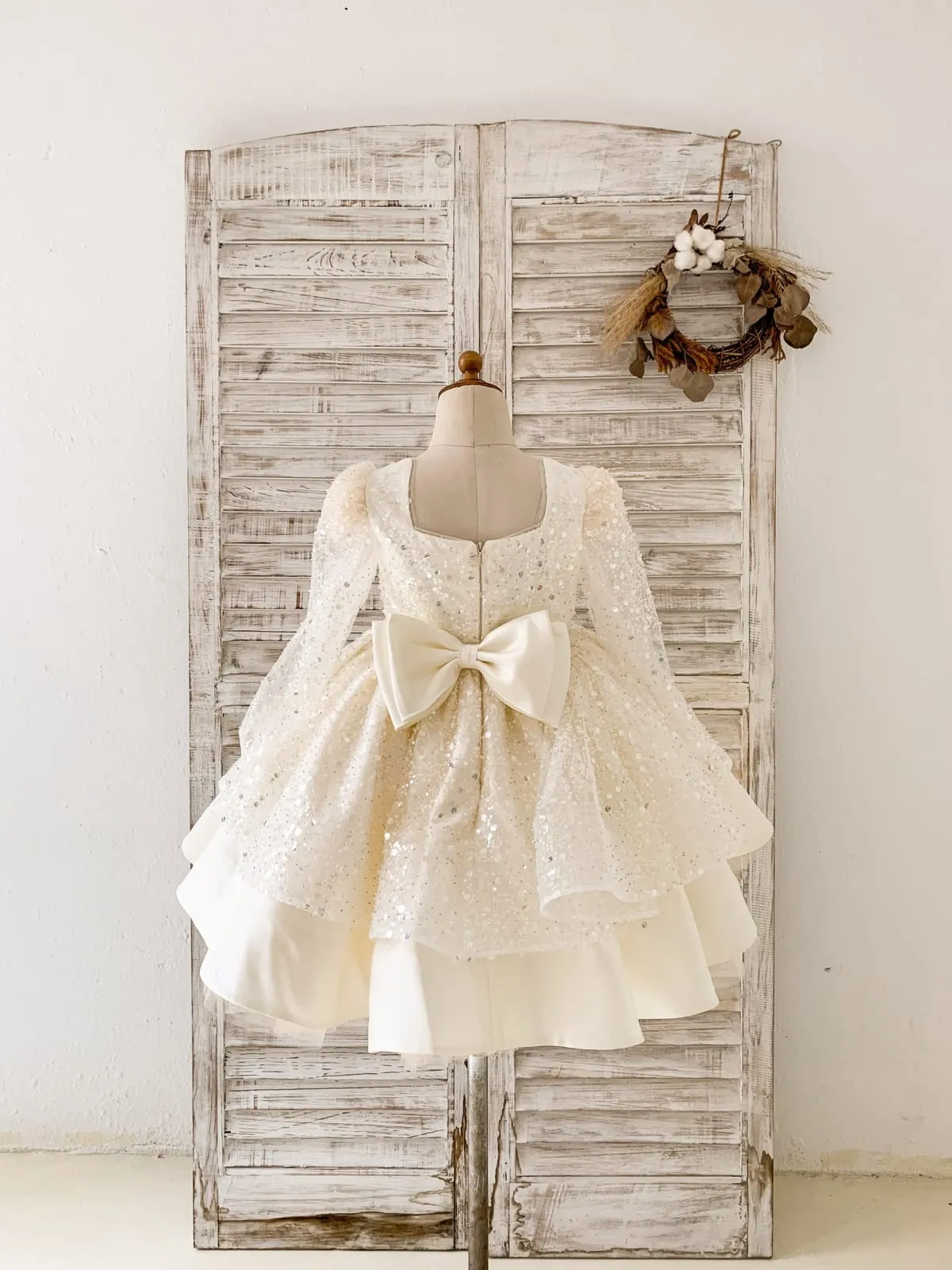 Square Neck Long Sleeves Crystal Beaded Wedding Flower Girl Dress, Horsehair Hem
