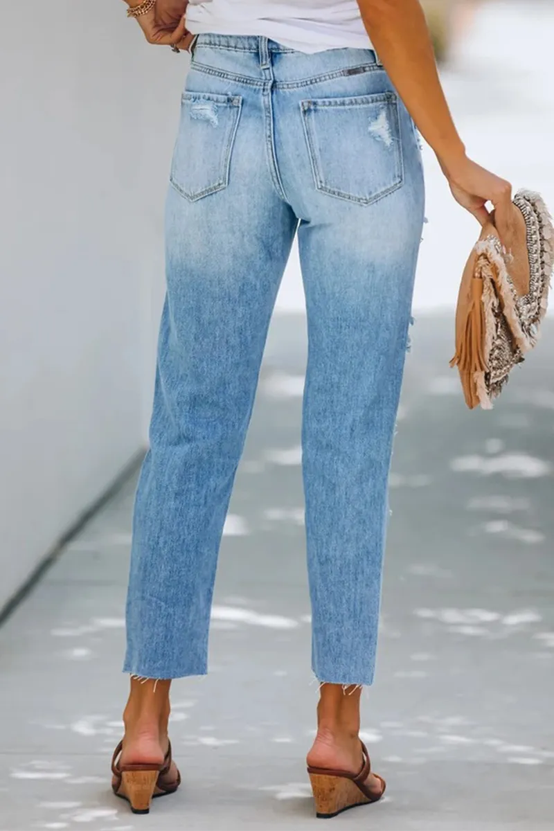Street Solid Tassel Ripped Regular Pencil Bottoms