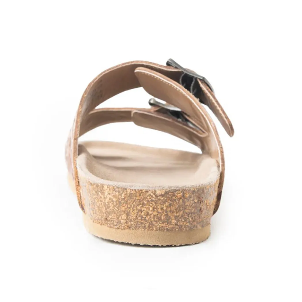 Tan Feather Tooled Double Strap Sandals