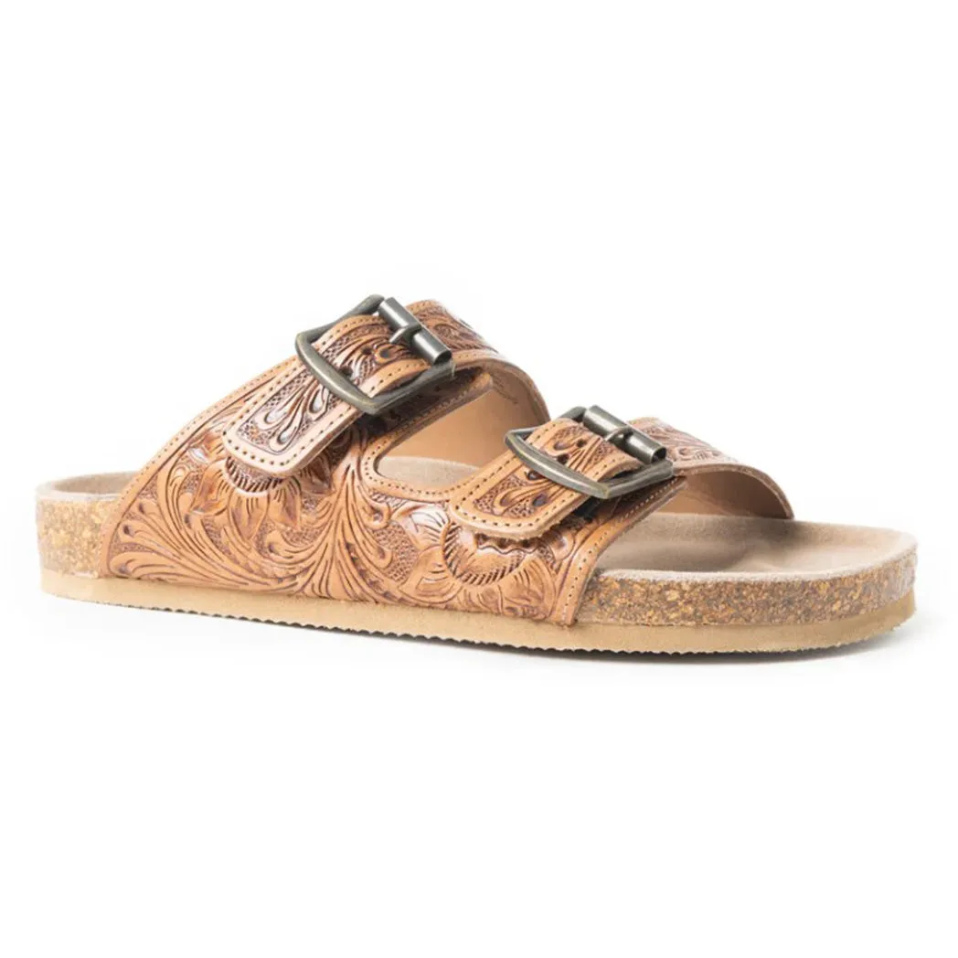 Tan Feather Tooled Double Strap Sandals
