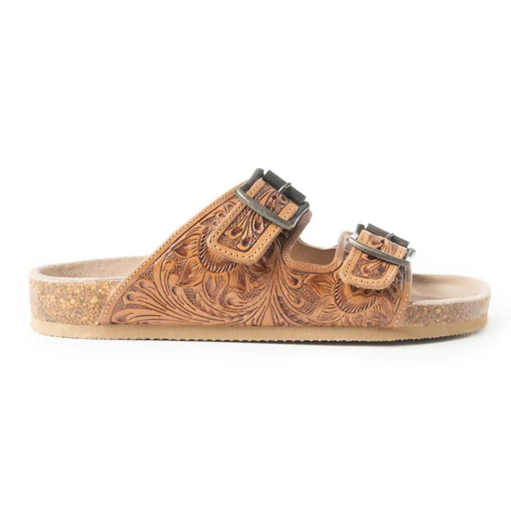 Tan Feather Tooled Double Strap Sandals