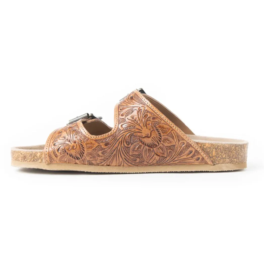 Tan Feather Tooled Double Strap Sandals