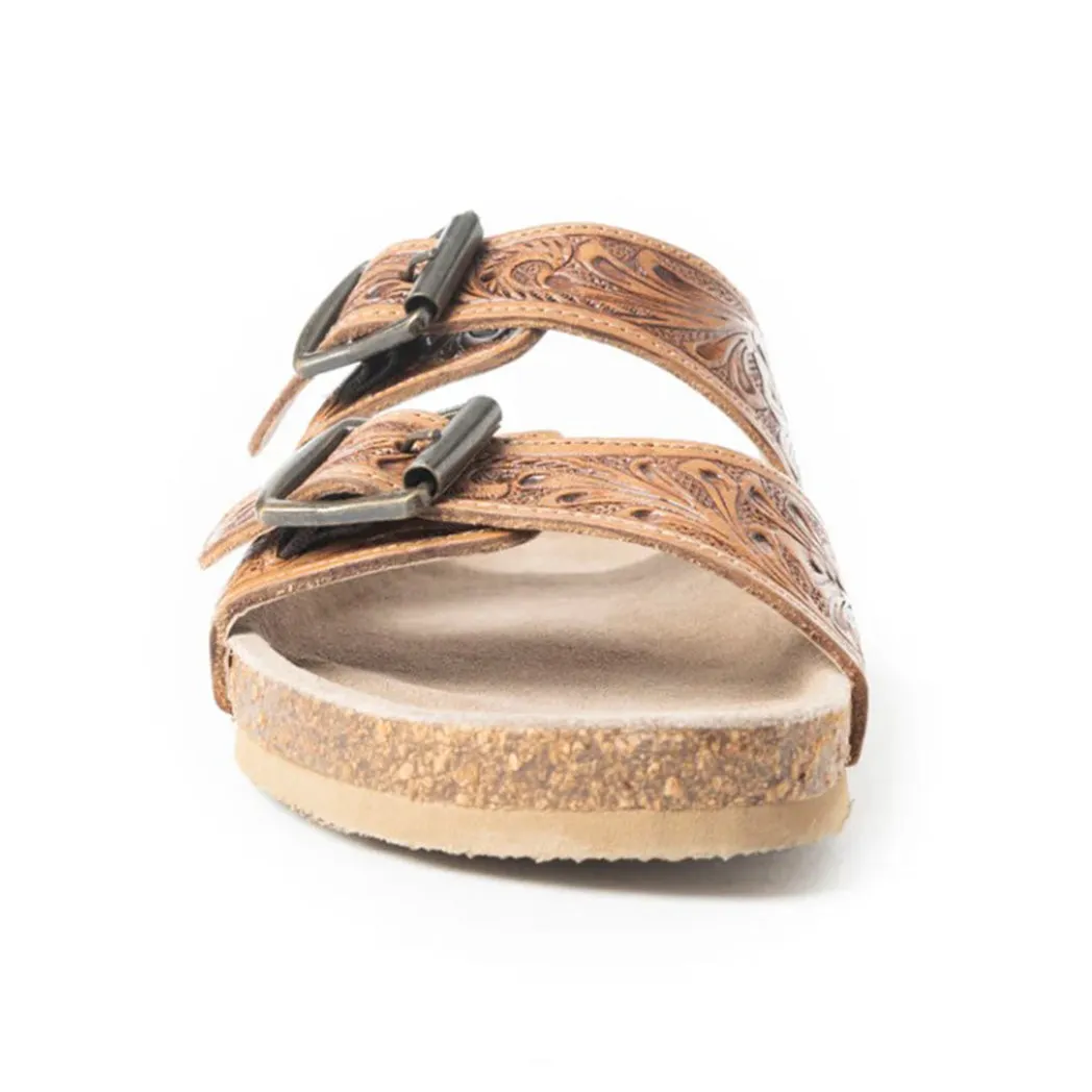 Tan Feather Tooled Double Strap Sandals