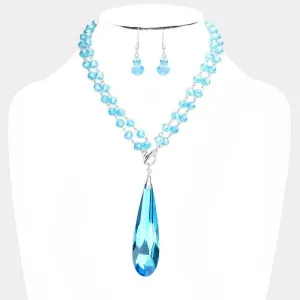 Teardrop Blue Stone Pendant Faceted Beaded Toggle Necklace Set