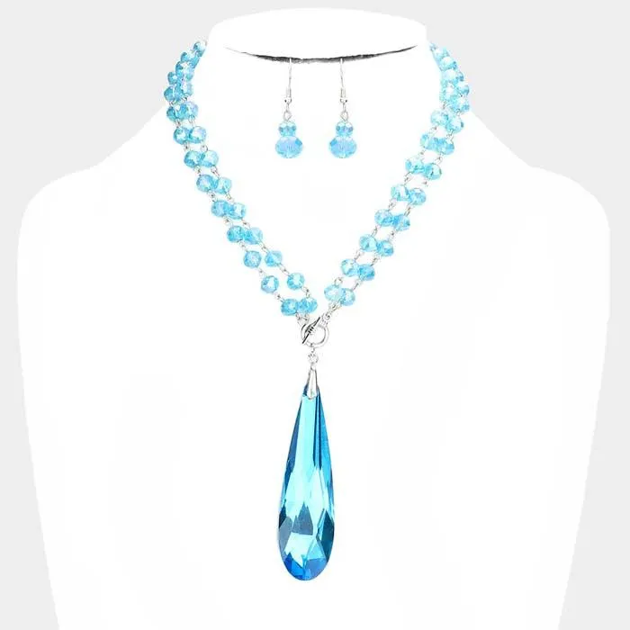 Teardrop Blue Stone Pendant Faceted Beaded Toggle Necklace Set