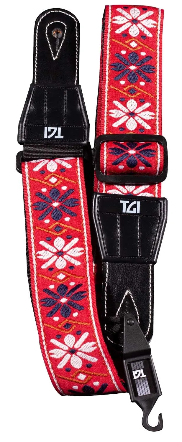 TGI GUITAR STRAP WOVEN COTTON FLOWERS STITCH - RED TGS134E