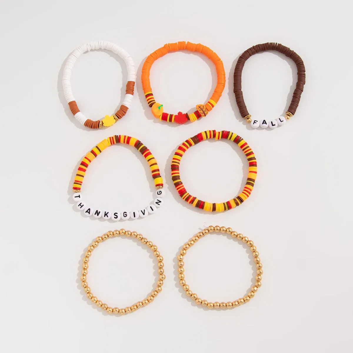 Thanksgiving 5pcs Maple Leaf Pumpkin Charm Letter Polymer Clay Beaded Bracelet Set