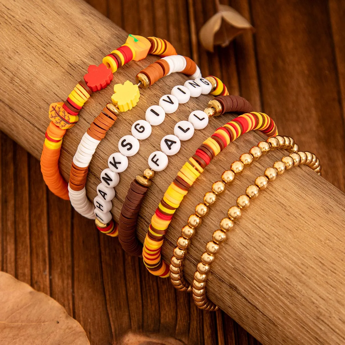 Thanksgiving 5pcs Maple Leaf Pumpkin Charm Letter Polymer Clay Beaded Bracelet Set