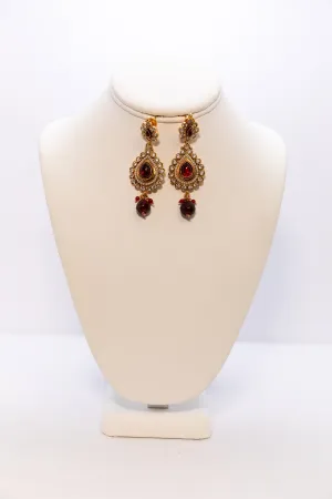 Three Tier Golden Earrings with Red Stones - Dangle Earrings