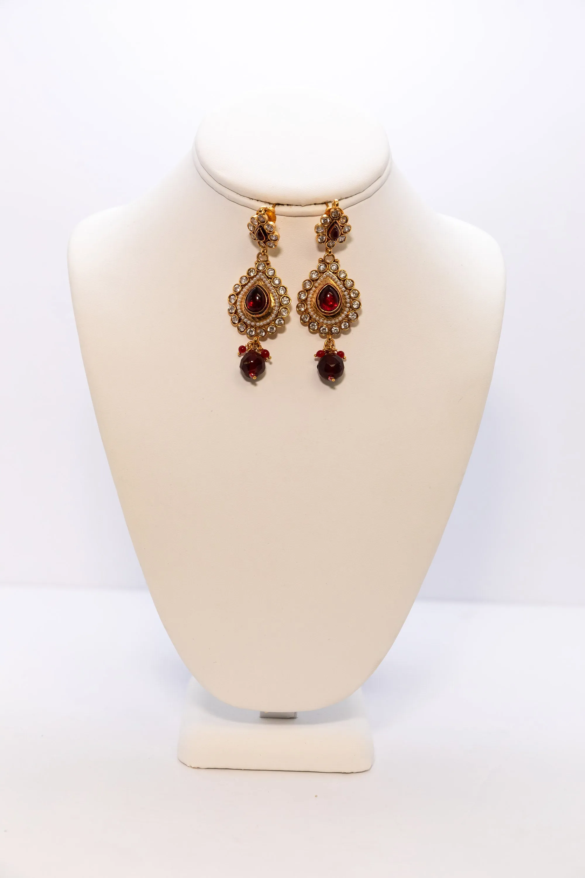 Three Tier Golden Earrings with Red Stones - Dangle Earrings